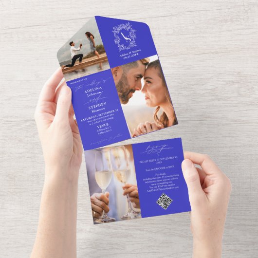Invitation Tout En Un Monogram Crest 3 Photo QR Code Royal Blue Mariage (Déchirure)