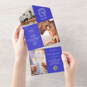 Invitation Tout En Un Monogram Crest 3 Photo QR Code Royal Blue Mariage