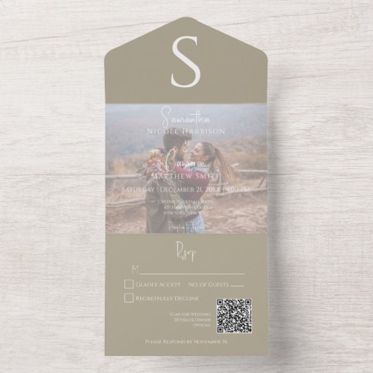 Invitation Tout En Un Monogram Modern Photo Kaki QR Code (À l'intérieur)