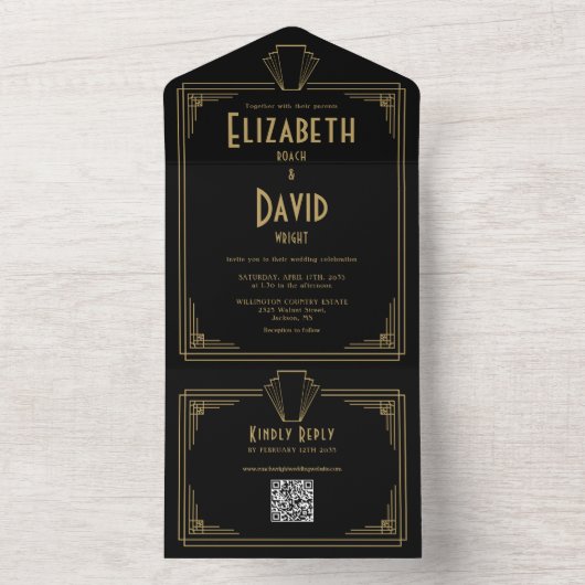 Invitation Tout En Un Monogramme Art Déco Noir Et Or Code QR Mariage (À l'intérieur)