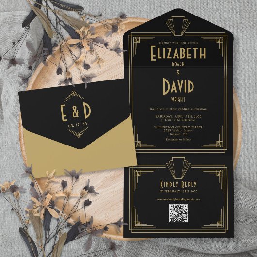 Invitation Tout En Un Monogramme Art Déco Noir Et Or Code QR Mariage