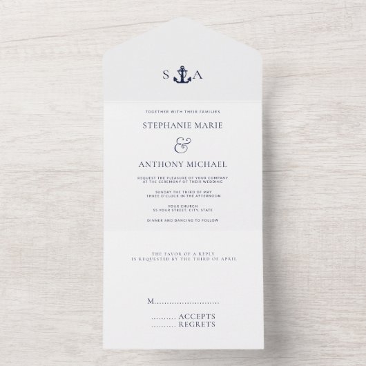 Invitation Tout En Un Monogramme blanc, bleu marine Mariage d'Ancres nau (À l'intérieur)