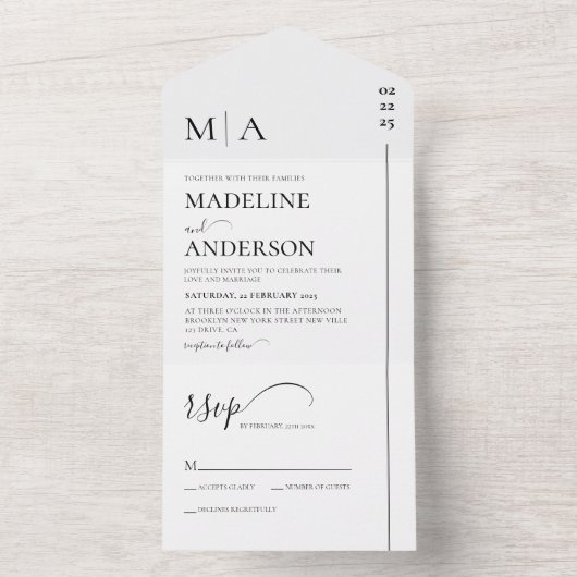 Invitation Tout En Un Monogramme Blanc Noir avec Mariage photo superposé (À l'intérieur)