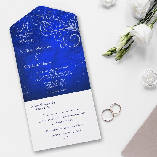 Invitation Tout En Un Monogramme bleu brillant en argent