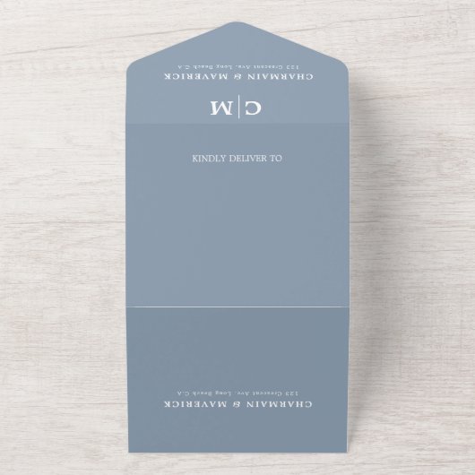 Invitation Tout En Un Monogramme bleu Dusty moderne Code QR Mariage RSVP (Dehors)