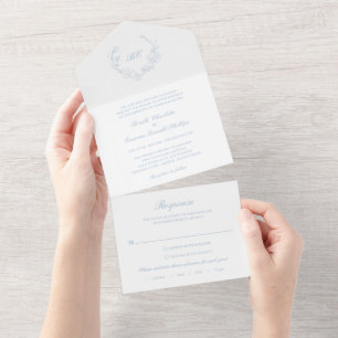 Invitation Tout En Un Monogramme bleu Dusty traditionnel Mariage élégant
