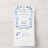 Invitation Tout En Un Monogramme Bleu et blanc Delft (À l'intérieur)