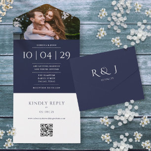 Invitation Tout En Un Monogramme bleu marine Code QR Mariage photo Date
