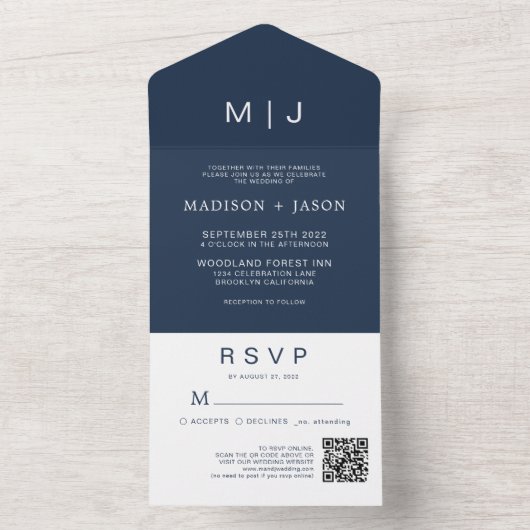 Invitation Tout En Un Monogramme bleu marine simple Mariage de code QR (À l'intérieur)