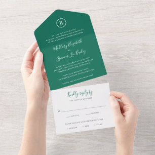 Invitation Tout En Un Monogramme classique Élégant Mariage vert émeraude