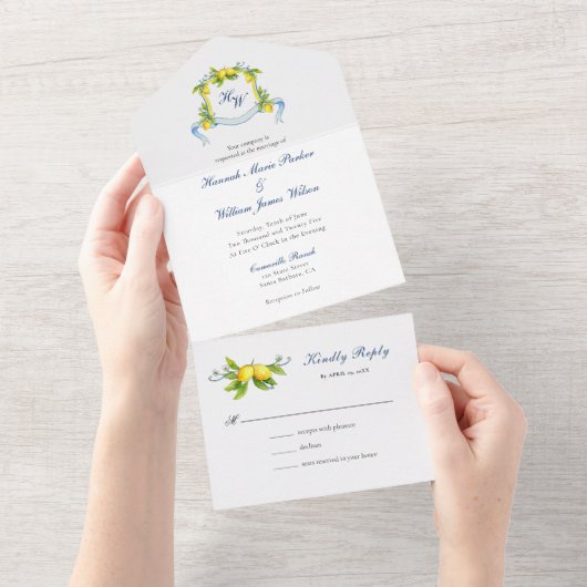 Invitation Tout En Un Monogramme Crest aquarelle Lemons Mariage (Déchirure)
