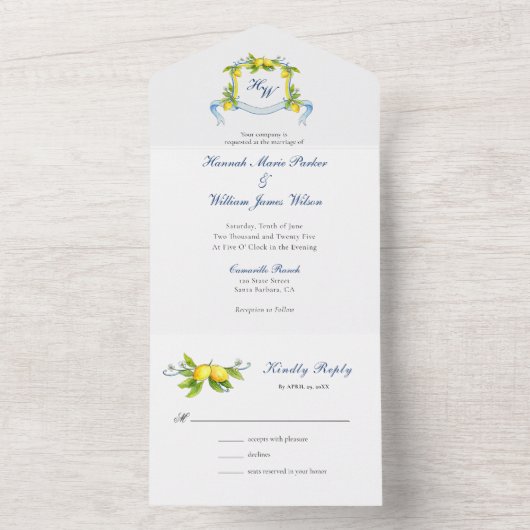 Invitation Tout En Un Monogramme Crest aquarelle Lemons Mariage (À l'intérieur)