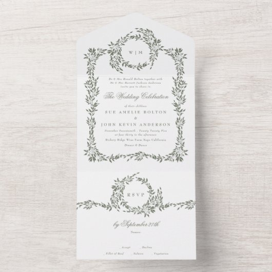 Invitation Tout En Un Monogramme de couronne Sage Vert Élégant Mariage d (À l'intérieur)