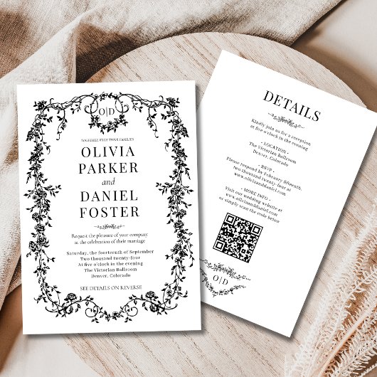 Invitation Tout en Un Monogramme de Mariage Victorien Noir