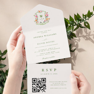 Invitation Tout En Un Monogramme de palmier tropical QR Code Mariage de