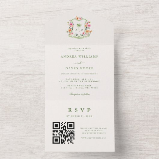 Invitation Tout En Un Monogramme de palmier tropical QR Code Mariage de  (À l'intérieur)