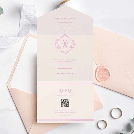 Invitation Tout En Un Monogramme diamant avec fleurs en Mariage rose