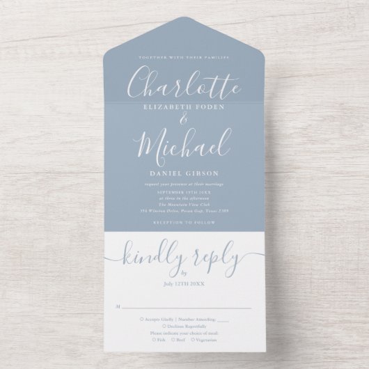 Invitation Tout En Un Monogramme Dusty Blue Modern Script Mariage (À l'intérieur)
