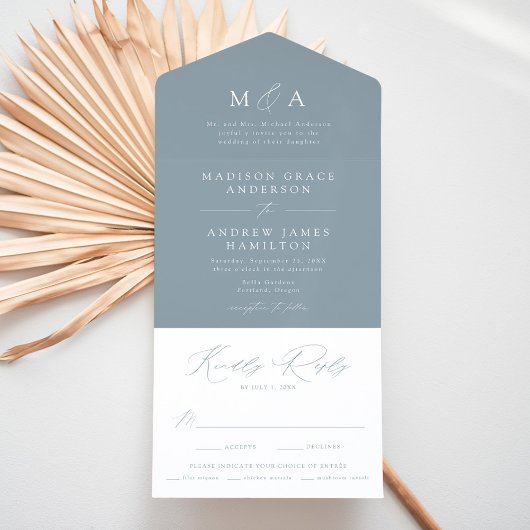 Invitation Tout En Un Monogramme élégant moderne Dusty Mariage bleu