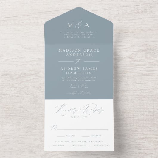 Invitation Tout En Un Monogramme élégant moderne Dusty Mariage bleu (À l'intérieur)