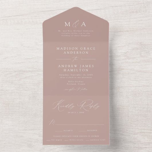 Invitation Tout En Un Monogramme élégant moderne Dusty Rose Mariage (À l'intérieur)