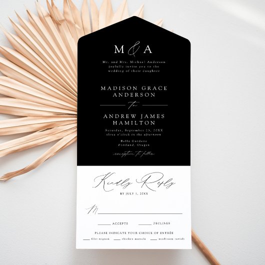 Invitation Tout En Un Monogramme élégant moderne Mariage noir et blanc