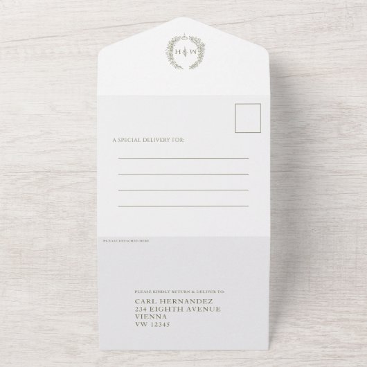 Invitation Tout En Un monogramme feuille blanc vert olive mariage (Dehors)