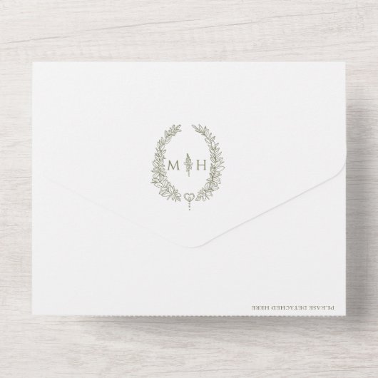 Invitation Tout En Un monogramme feuille blanc vert olive mariage (Verso)