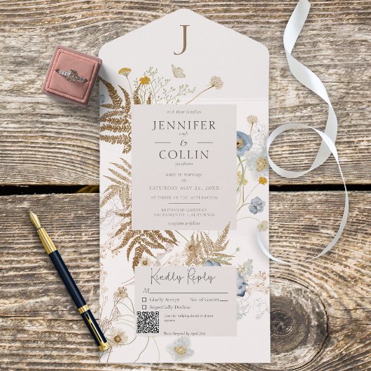 Invitation Tout En Un Monogramme Fleur sauvage rustique sur Cream QR Cod