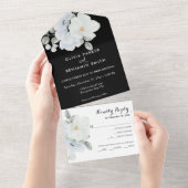 Invitation Tout En Un Monogramme floral blanc élégant Mariage noir moder (Déchirure)