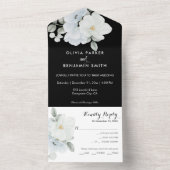Invitation Tout En Un Monogramme floral blanc élégant Mariage noir moder (À l'intérieur)