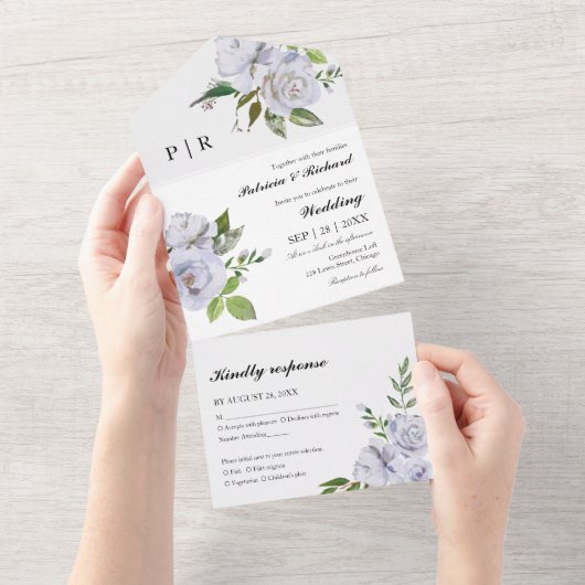 Invitation Tout En Un Monogramme floral bleu clair Élégant Mariage (Déchirure)