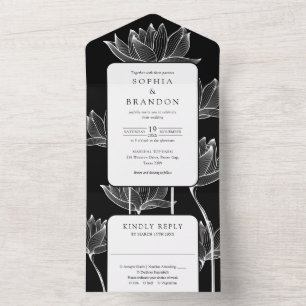 Invitation Tout En Un Monogramme Floral Botanique Mariage noir et blanc