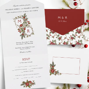 Invitation Tout En Un Monogramme Floral Élégant de Noël Hiver Vintage