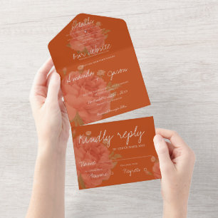 Invitation Tout En Un Monogramme floral en terre cuite rouille Joli Mari
