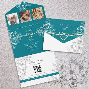 Invitation Tout En Un Monogramme floral or et sarcelle pour mariage