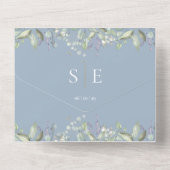 Invitation Tout En Un Monogramme Floral QR Code Dusty Mariage bleu (Verso)
