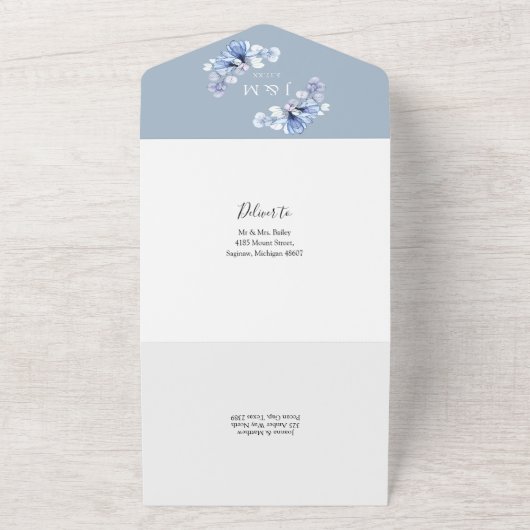 Invitation Tout En Un Monogramme floral transparent Mariage bleu Dusty (Dehors)