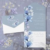 Invitation Tout En Un Monogramme floral transparent Mariage bleu Dusty