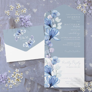 Invitation Tout En Un Monogramme floral transparent Mariage bleu Dusty