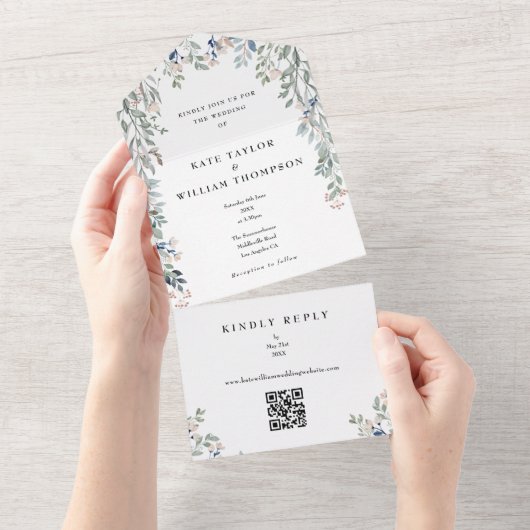 Invitation Tout En Un Monogramme floral vert QR Code Mariage (Déchirure)