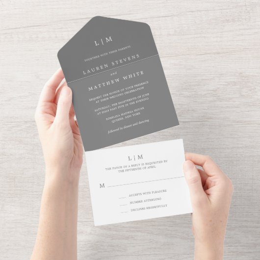 Invitation Tout En Un Monogramme gris foncé simple Mariage élégant (Déchirure)