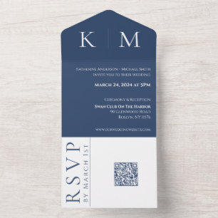 Invitation Tout En Un Monogramme-Mariage bleu et blanc-