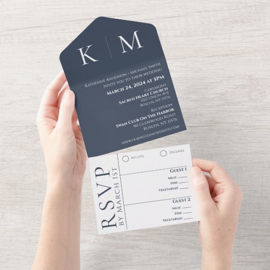 Invitation Tout En Un Monogramme-Mariage bleu et blanc- (Déchirure)