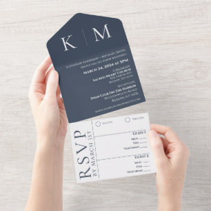 Invitation Tout En Un Monogramme-Mariage bleu et blanc-