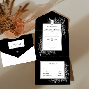 Invitation Tout En Un Monogramme Mariage de verdure noir et blanc