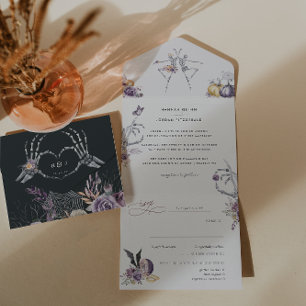 Invitation Tout En Un Monogramme   Mariage d'Halloween floral squelette