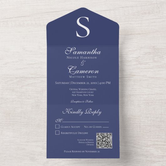Invitation Tout En Un Monogramme Marine bleu QR Code (À l'intérieur)
