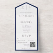 Invitation Tout En Un Monogramme minimal bleu et blanc marine Code QR (À l'intérieur)