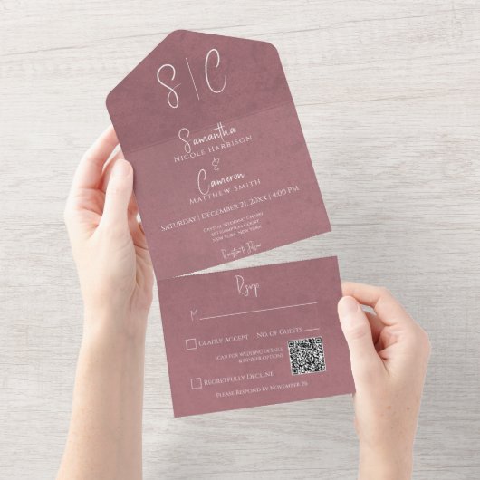 Invitation Tout En Un Monogramme minimal rose moderne QR Code (Déchirure)